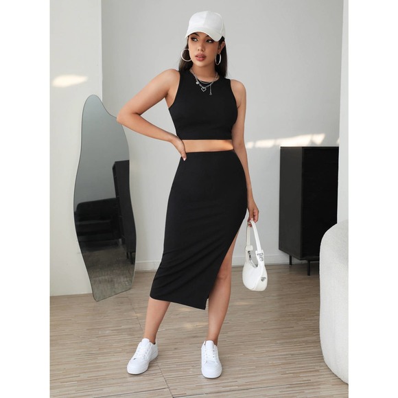 2 piece set: Tank crop Top & Split Thigh midi Skirt set black - Picture 2 of 7